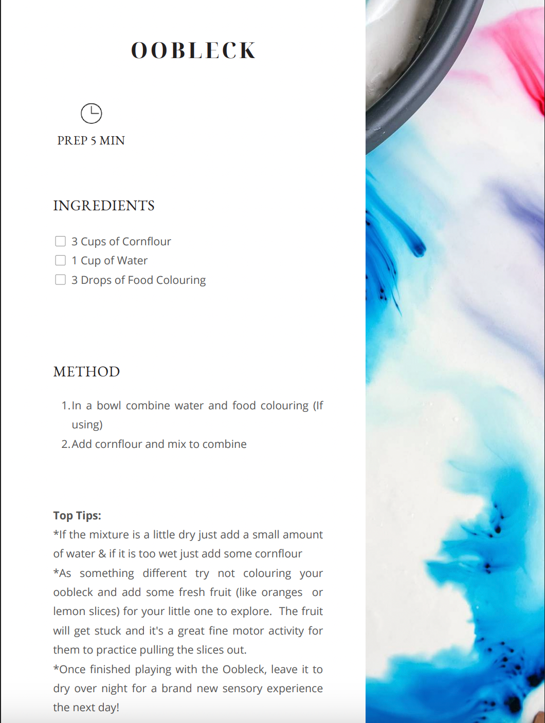 Oobleck recipe card with ingredients and method on a white background